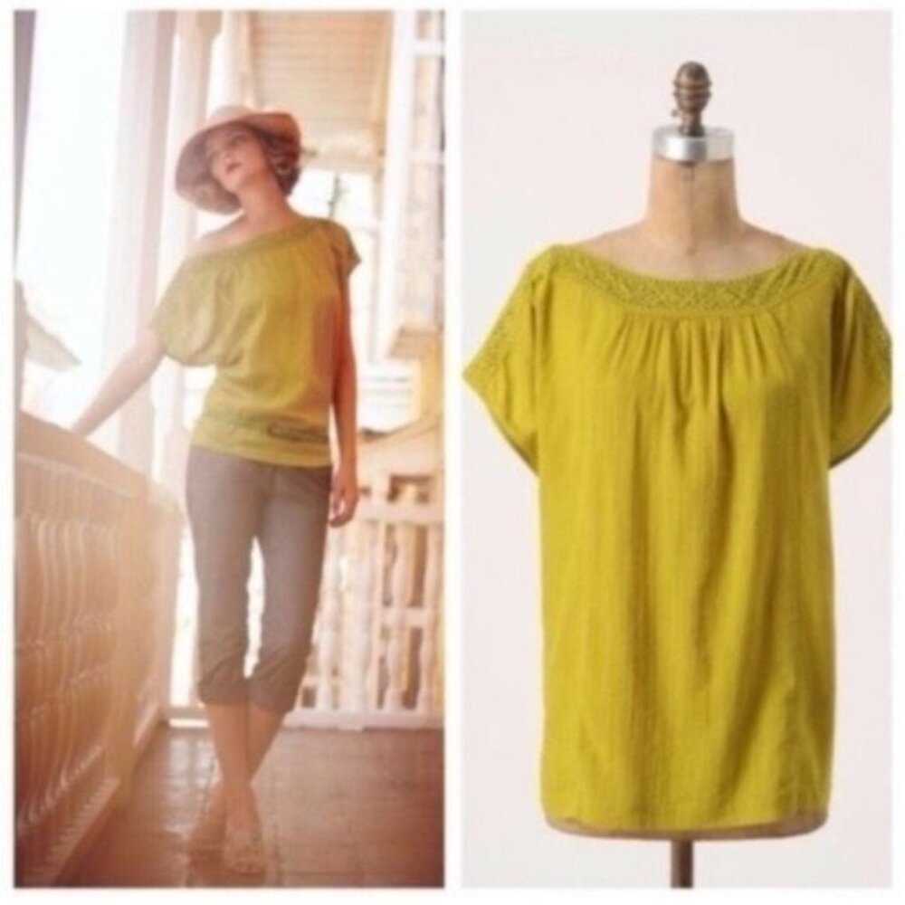Anthro Edme + Esyllte Chartreuse Boxy Top w/ Crochet Trim